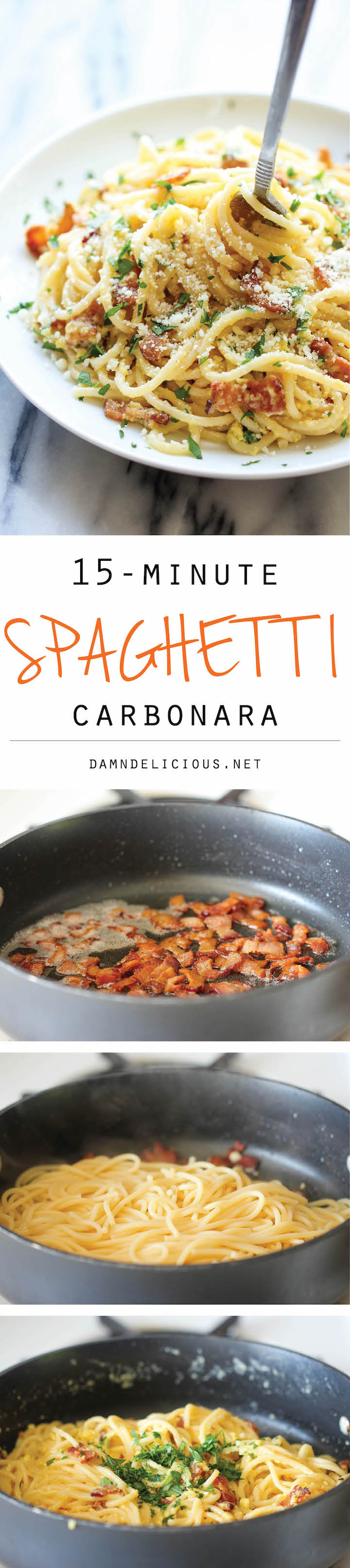 Spaghetti Carbonara - The easiest pasta dish you will ever make with just 5 ingredients in 15 minutes, loaded with Parmesan and bacon!
