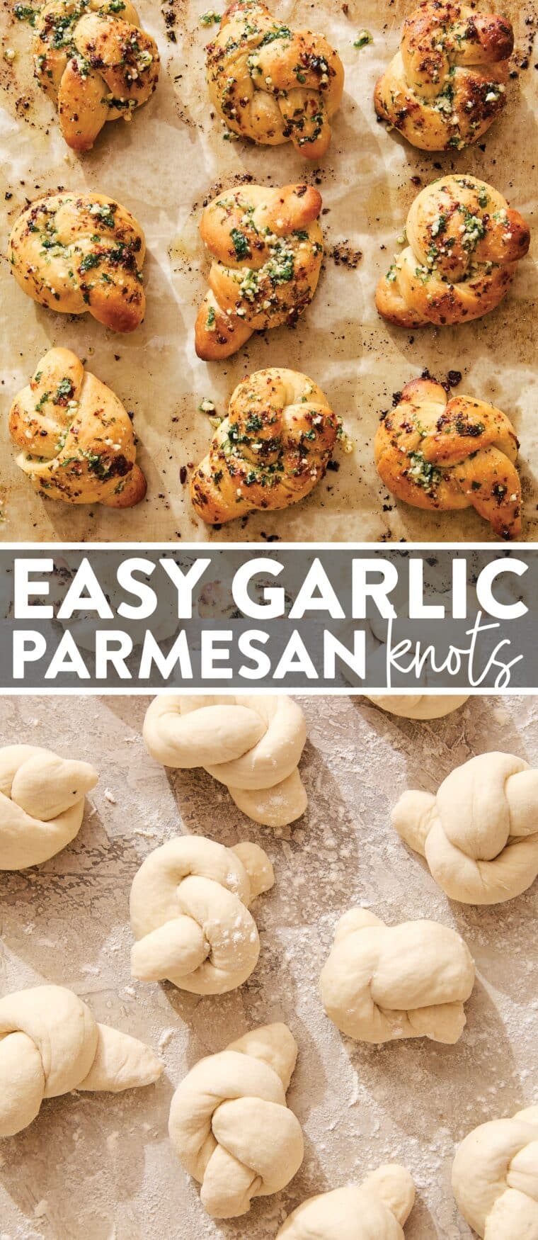 Easy Garlic Parmesan Knots - These easy garlic parmesan knots are soft, chewy and so fluffy! Made in just 30 min with pizza dough. And the herb butter is simply the best!