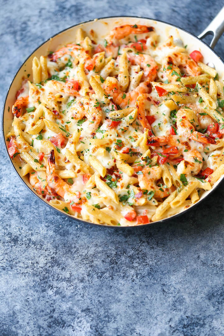 Skinny Shrimp Alfredo Pasta Bake - An unbelievably cheesy, creamy lightened-up pasta bake that you can easily make ahead of time!