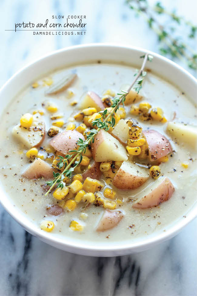 Slow Cooker Potato and Corn Chowder - The easiest chowder you will ever make. Throw everything in the crockpot and you're set! Easy peasy!