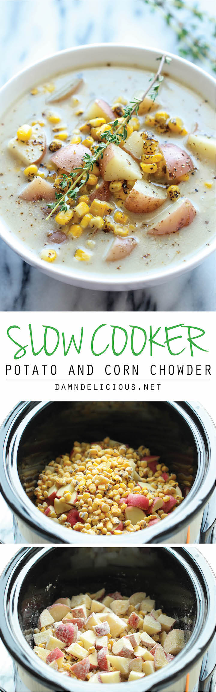Slow Cooker Potato and Corn Chowder - The easiest chowder you will ever make. Throw everything in the crockpot and you're set! Easy peasy!