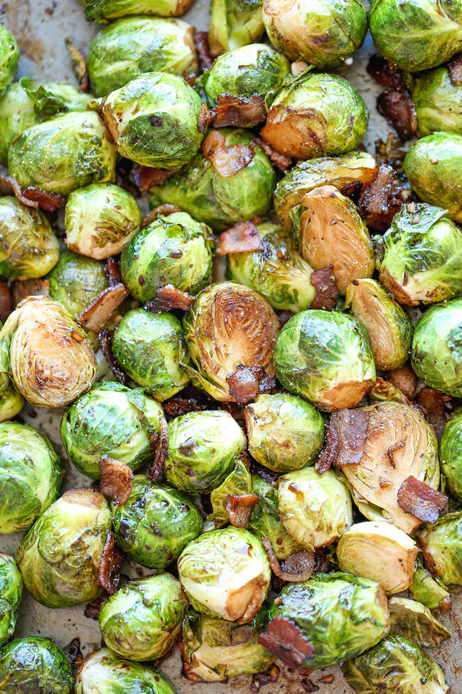 Roasted Garlic Brussels Sprouts - The best garlic brussels sprouts ever, made with garlic and crisp bacon goodness!