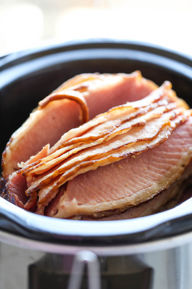 Slow Cooker Maple Brown Sugar Ham - The easiest, most tender, juicy ham made right in the crockpot with just 5 min prep. And you save on oven space too!