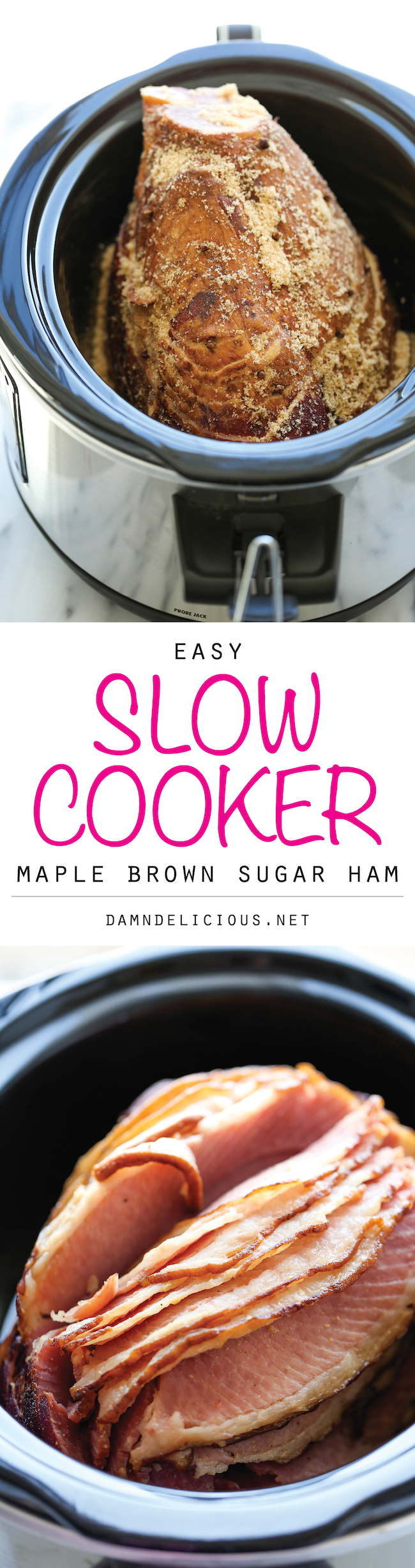 Slow Cooker Maple Brown Sugar Ham - The easiest, most tender, juicy ham made right in the crockpot with just 5 min prep. And you save on oven space too!