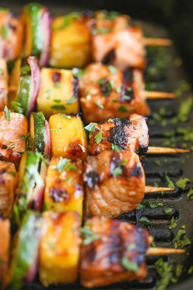 Asian Salmon Kabobs - These salmon kabobs are easy to make, hearty, light and healthy. And they're packed with tons of vibrant flavors! 368.1 calories.