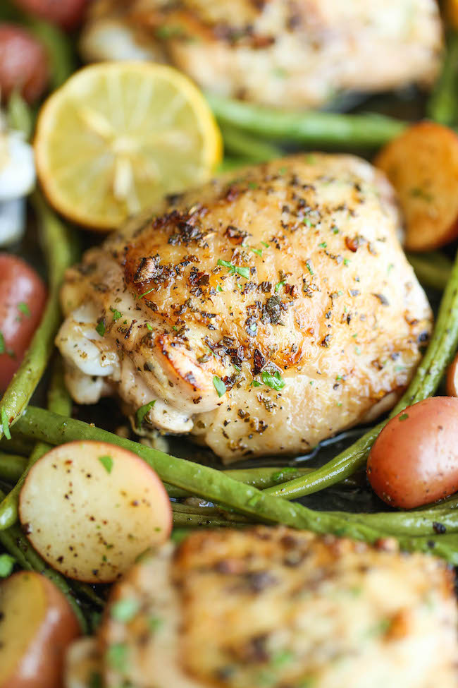 One Pan Greek Chicken - The easiest no-fuss weeknight meal with a simple Greek marinade - all cooked on a single pan with roasted potatoes and green beans!