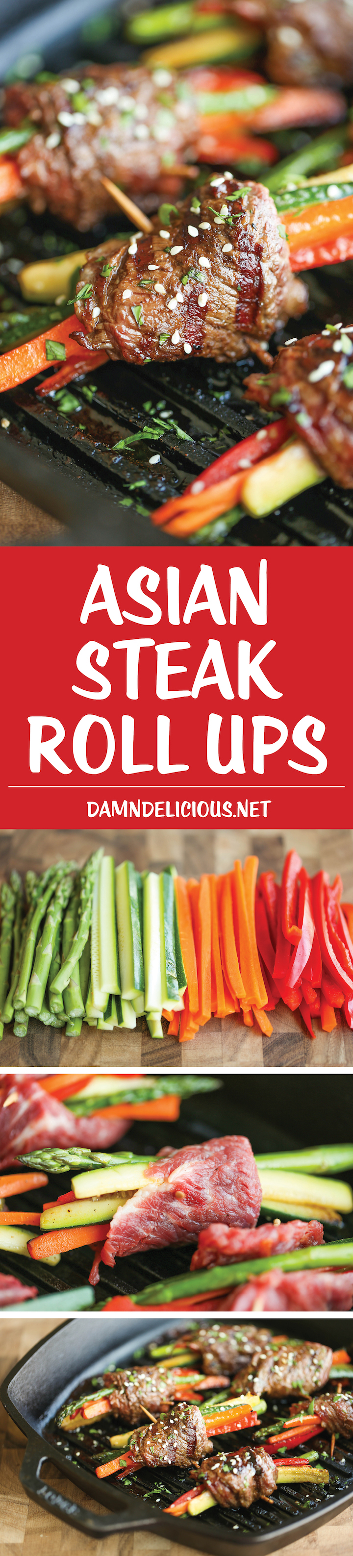 Asian Steak Roll Ups - Easy make-ahead roll ups with tons of veggies and the best Asian marinade loaded with so much flavor. Can be grilled or pan seared!