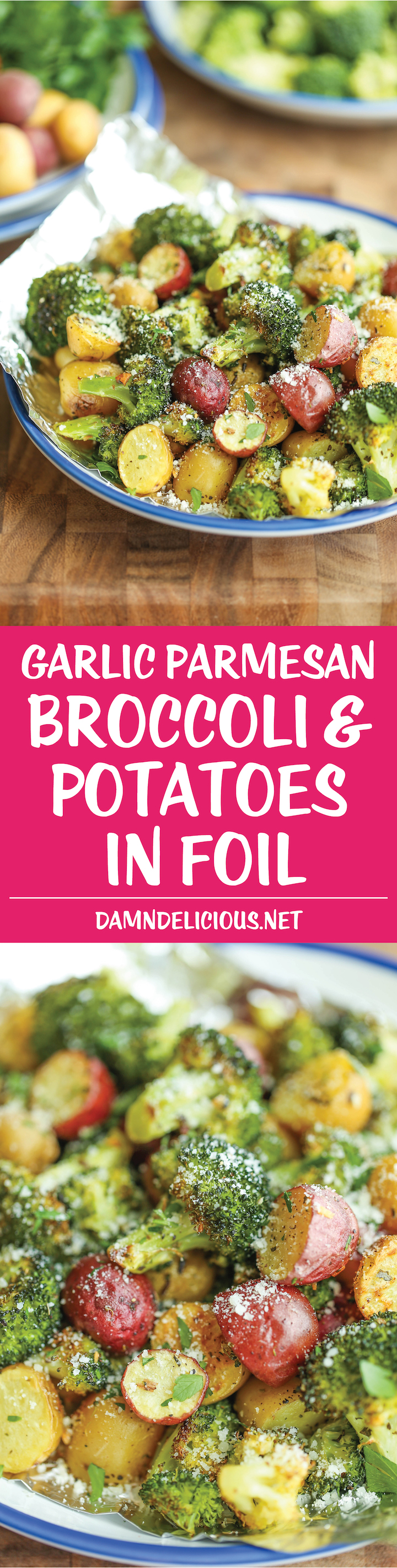 Garlic Parmesan Broccoli and Potatoes in Foil - The easiest, flavor-packed side dish EVER! Wrap everything in foil, toss in your seasonings and you're set!