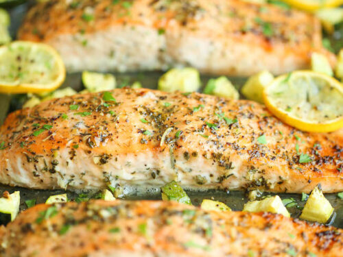 One Pan Lemon Herb Salmon and Zucchini - Damn Delicious