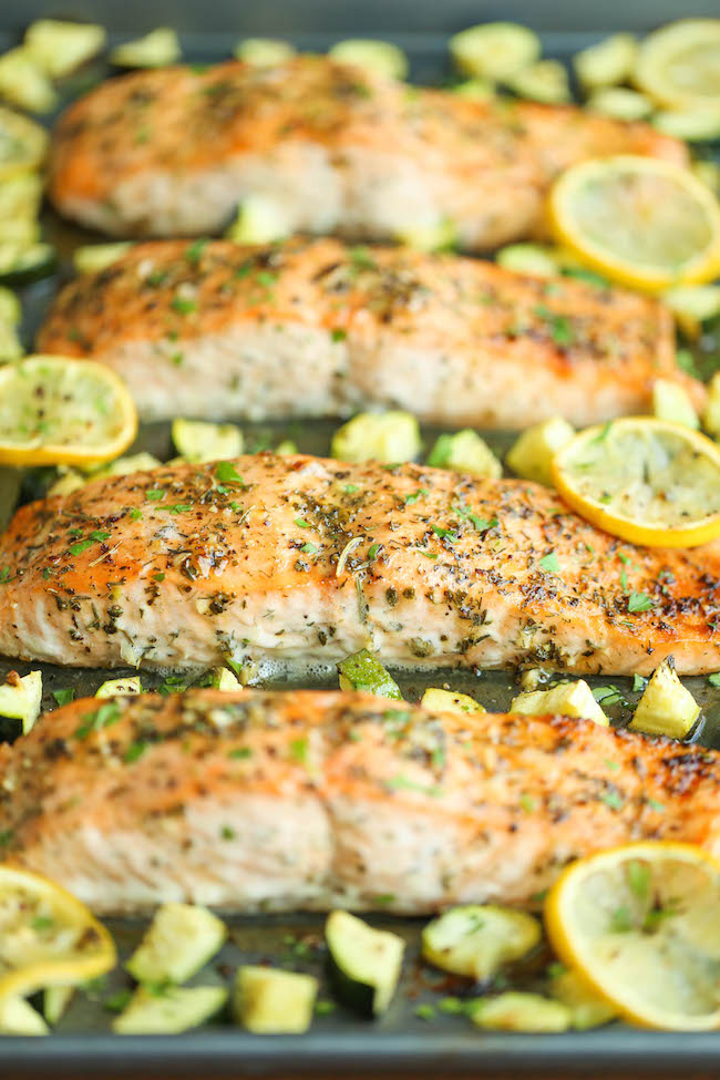 One Pan Lemon Herb Salmon and Zucchini - Quick, easy, and all made on a single pan. And the salmon is packed with so much flavor. It doesn't get any easier!
