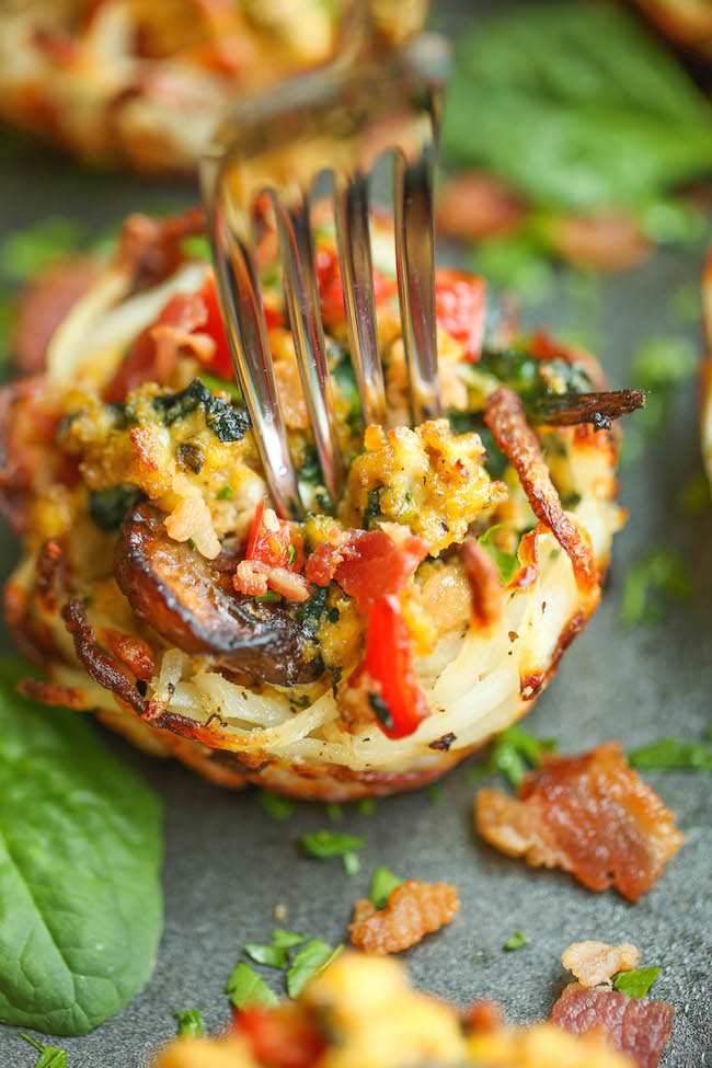 Breakfast Hash Brown Cups - Tender-crisp hash browns topped with eggs, bacon, spinach and mushrooms. Easy to make and so perfect to serve large crowds!