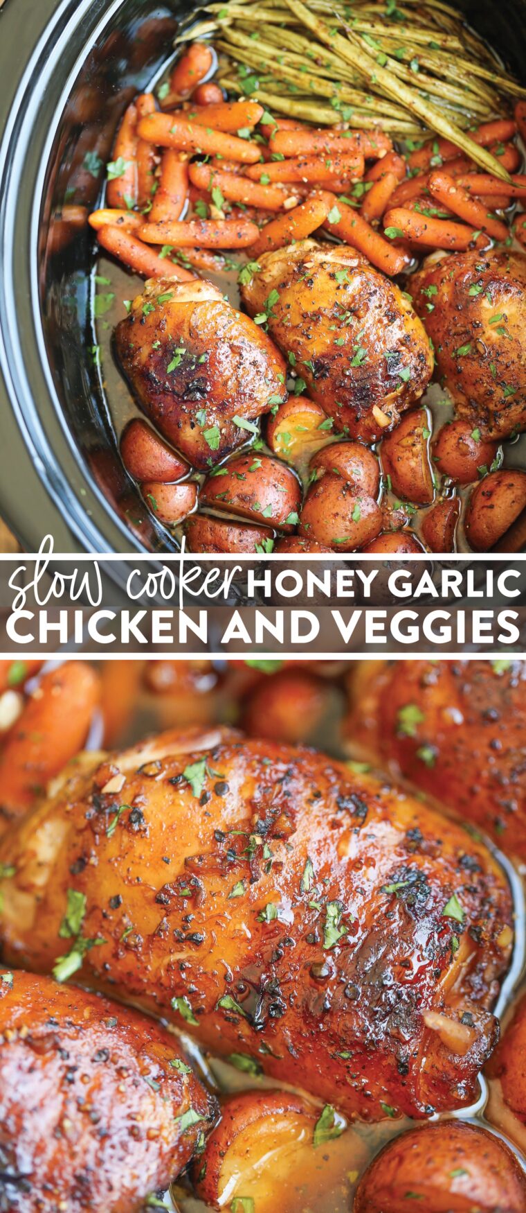 Slow Cooker Honey Garlic Chicken and Veggies - One pot meal! With juicy, tender chicken, potatoes, carrots and green beans all in one. The best kind of set and forget dinner for the family!
