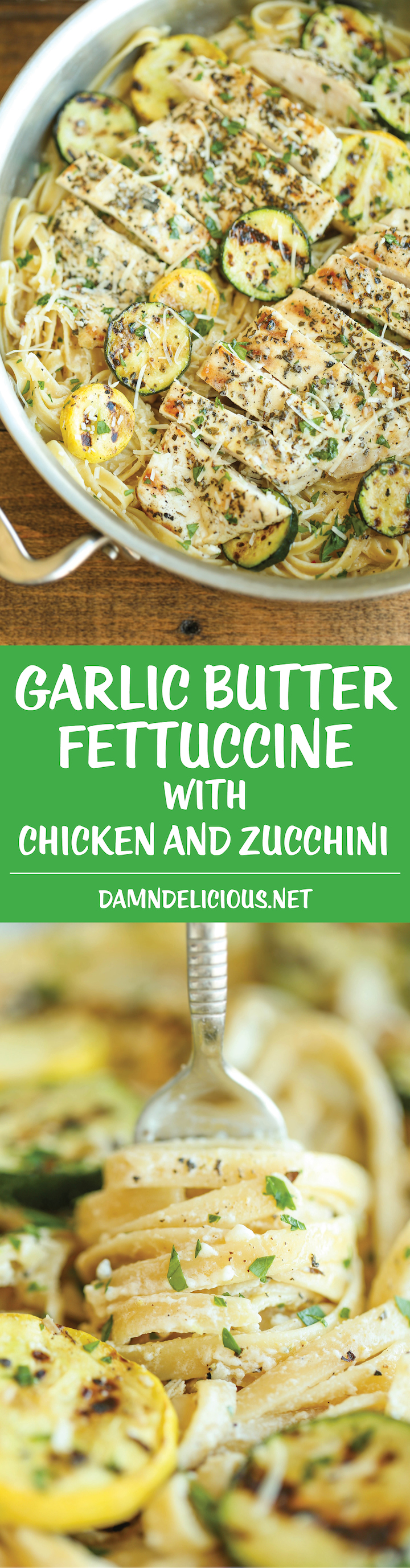 Garlic Butter Fettuccine with Chicken and Zucchini - So buttery, so garlicky, and just so creamy! Made with lemon-herb chicken and crisp-tender zucchini.
