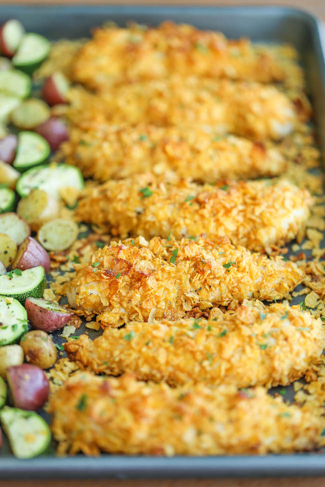 Baked Ranch Chicken Tenders and Veggies - No one will ever believe that these crisp chicken fingers are completely baked and cooked on ONE PAN with veggies!