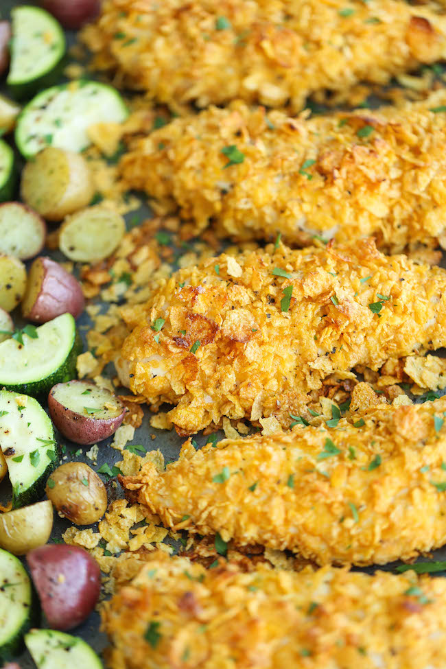 Baked Ranch Chicken Tenders and Veggies - No one will ever believe that these crisp chicken fingers are completely baked and cooked on ONE PAN with veggies!