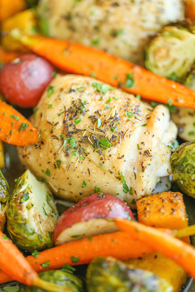 One Pan Roasted Chicken with Fall Vegetables - This meal just couldn't get any easier with crisp-tender chicken and veggies packed with so much flavor!