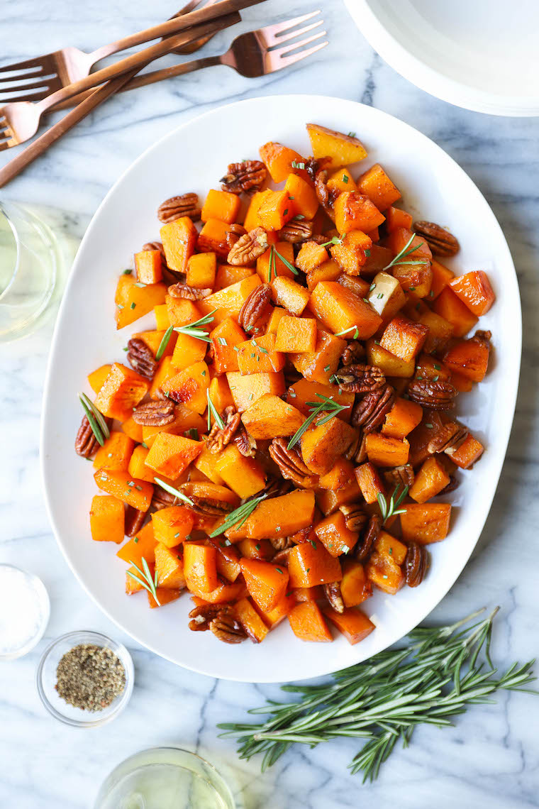 Cinnamon Pecan Roasted Butternut Squash - Perfectly roasted with maple syrup, brown sugar, cinnamon, nutmeg, rosemary. So easy and so so good.