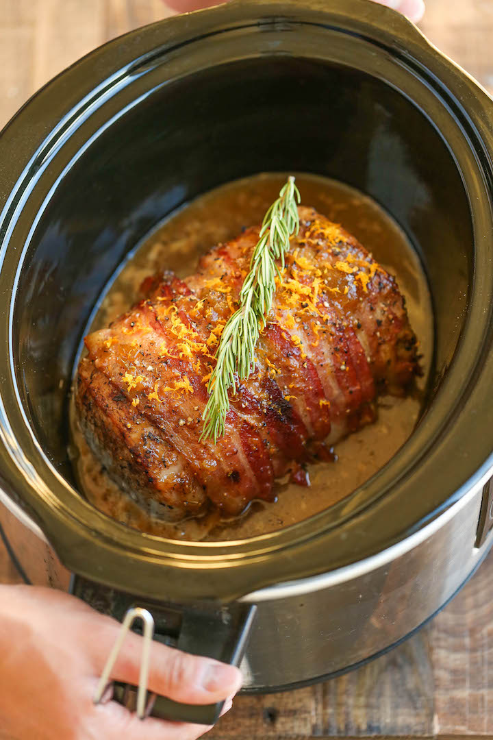 Slow Cooker Bacon Wrapped Pork Loin - Because bacon makes everything better, especially when it's effortlessly slow cooked with a brown sugar glaze!