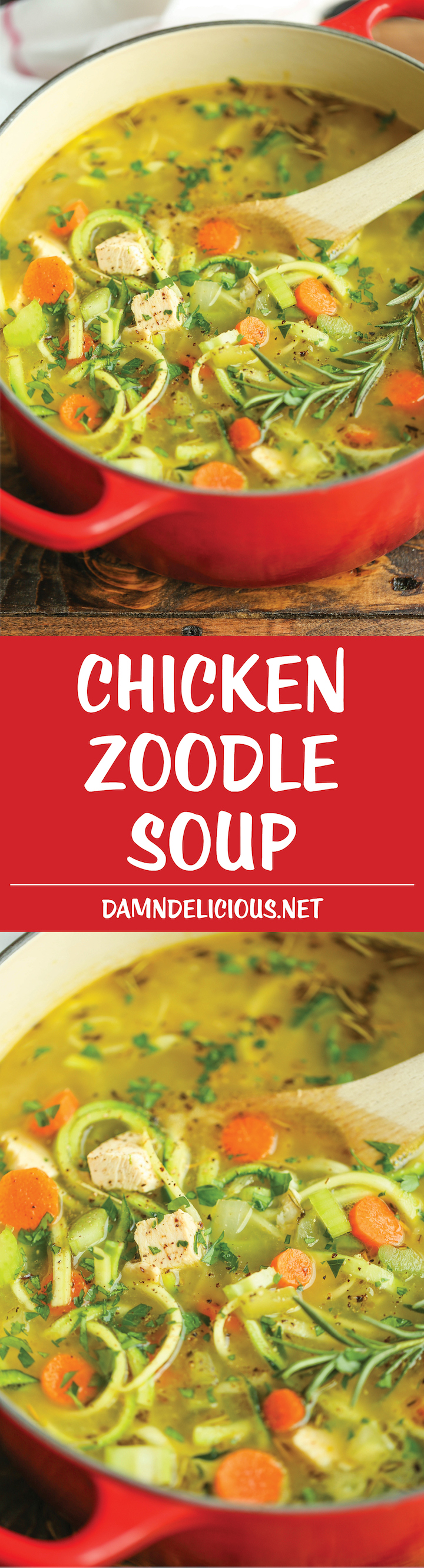 Chicken Zoodle Soup - Just like mom's cozy chicken noodle soup but made with zucchini noodles instead! So comforting AND healthy! 227.3 calories.