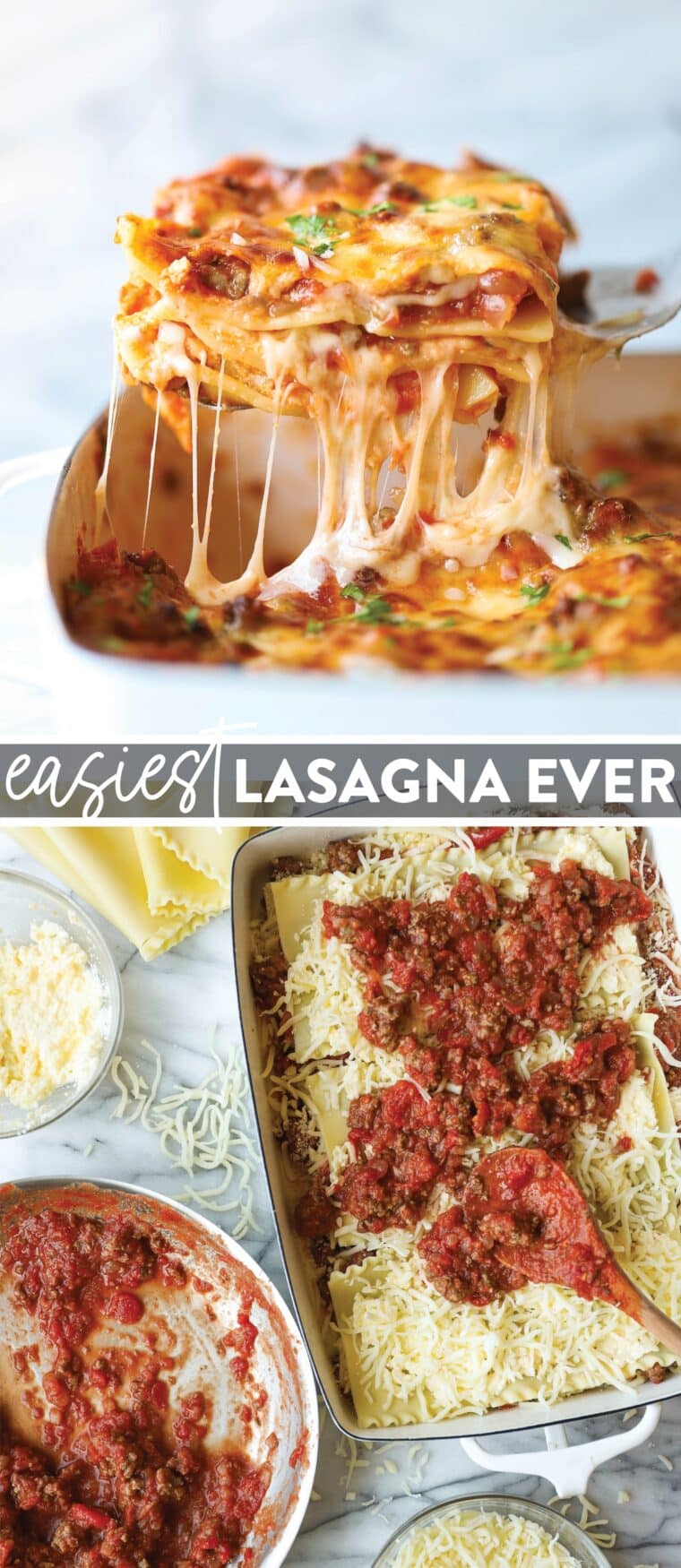 Easiest Lasagna Ever - This classic homemade lasagna is so easy with a homemade meat sauce and layers of creamy ricotta! It's also make-ahead and freezer-friendly.