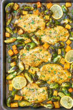 One Pan Lemon Chicken with Butternut Squash and Brussels Sprouts