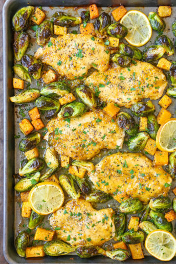 One Pan Lemon Chicken with Butternut Squash and Brussels Sprouts