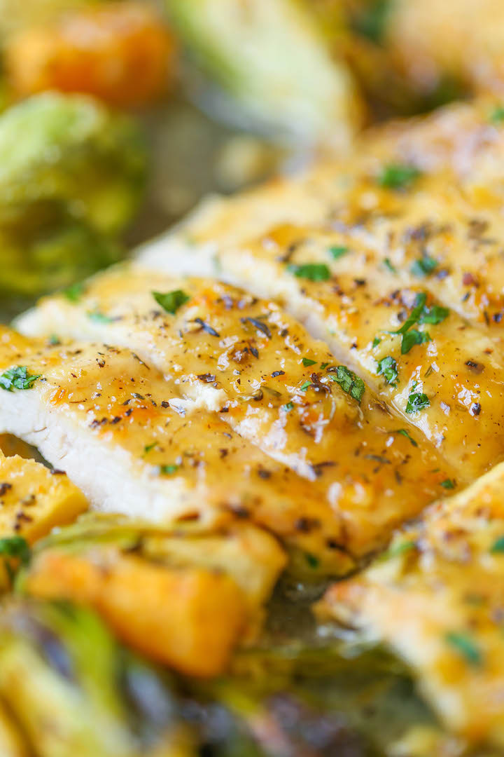 One Pan Lemon Chicken with Butternut Squash and Brussels Sprouts - An easy peasy one pan meal! And the chicken breasts come out so tender and flavorful!