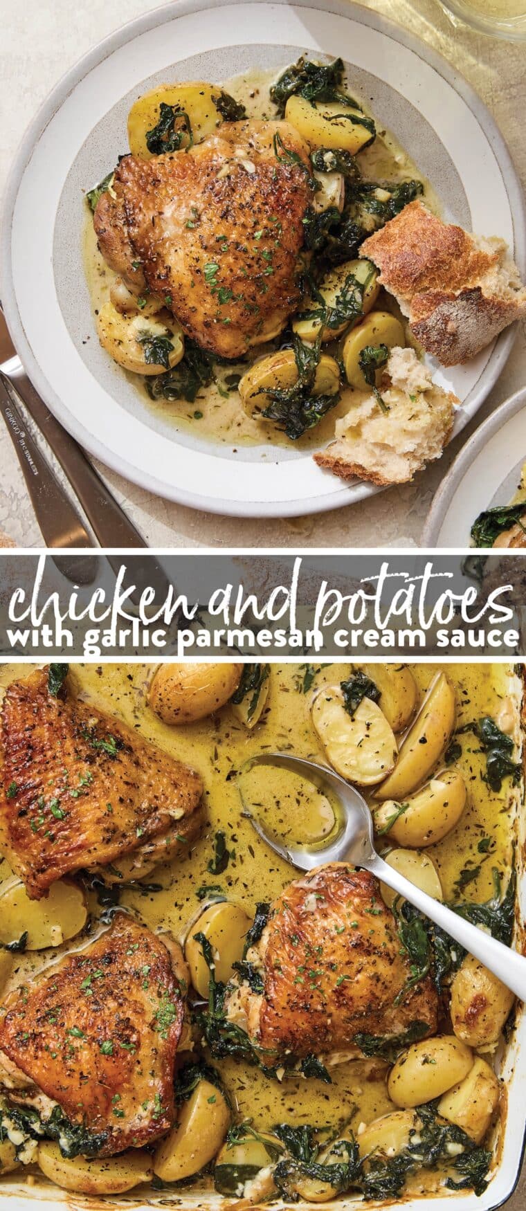 Chicken and Potatoes with Garlic Parmesan Cream Sauce - A complete meal in one! Baked crisp-tender chicken with potatoes and spinach, so good!