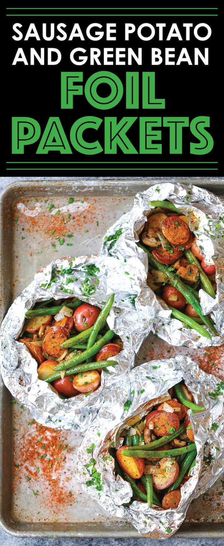 Sausage, Potato and Green Bean Foil Packets - Sausage and veggies packed in easy foil packets. Perfect for camping or a quick dinner! Can be baked/grilled.