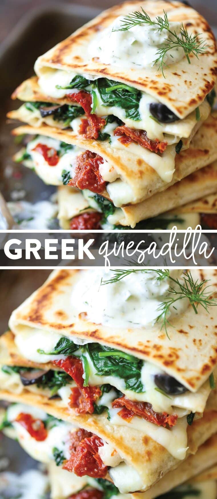 Greek Quesadillas - All the best Greek favors come together in this EPIC cheesy quesadilla, topped with an easy homemade Greek yogurt tzatziki sauce!