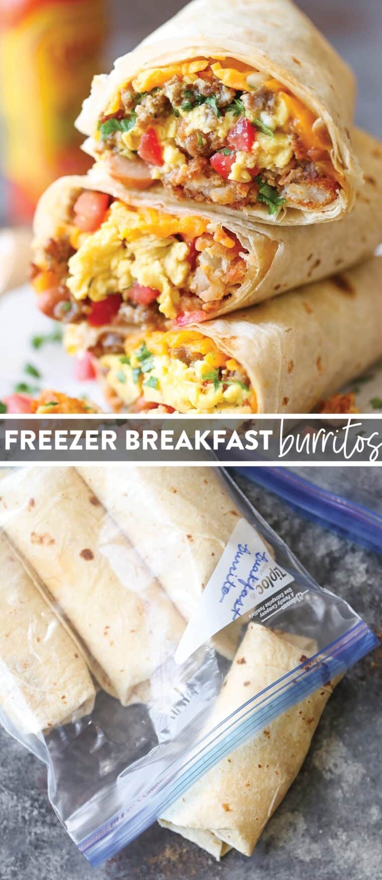 These freezer breakfast burritos are made with tater tots, eggs, beans and cheese, great for meal prep! Easy to make and fully customizable!