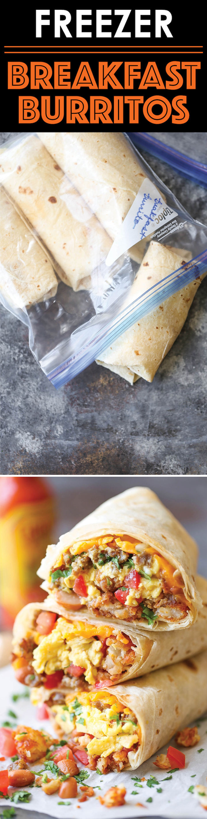 Freezer Breakfast Burritos - Meal prep over the weekend for the best burritos during the week. Loaded with tater tots, eggs, beans and cheese, of course!!