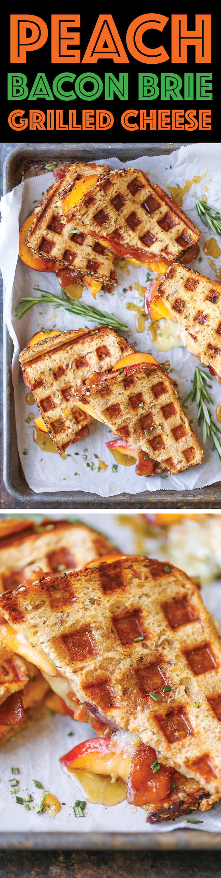 Peach Bacon Brie Grilled Cheese - Fresh peaches, peach preserves, crisp bacon and ooey gooey melted brie sandwiches made right in the waffle maker! SO EASY!