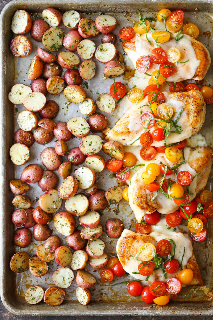 Sheet Pan Bruschetta Chicken - A sheet pan dinner without any of the fuss! Just top with fresh tomatoes right before serving! Easy, quick, and refreshing!