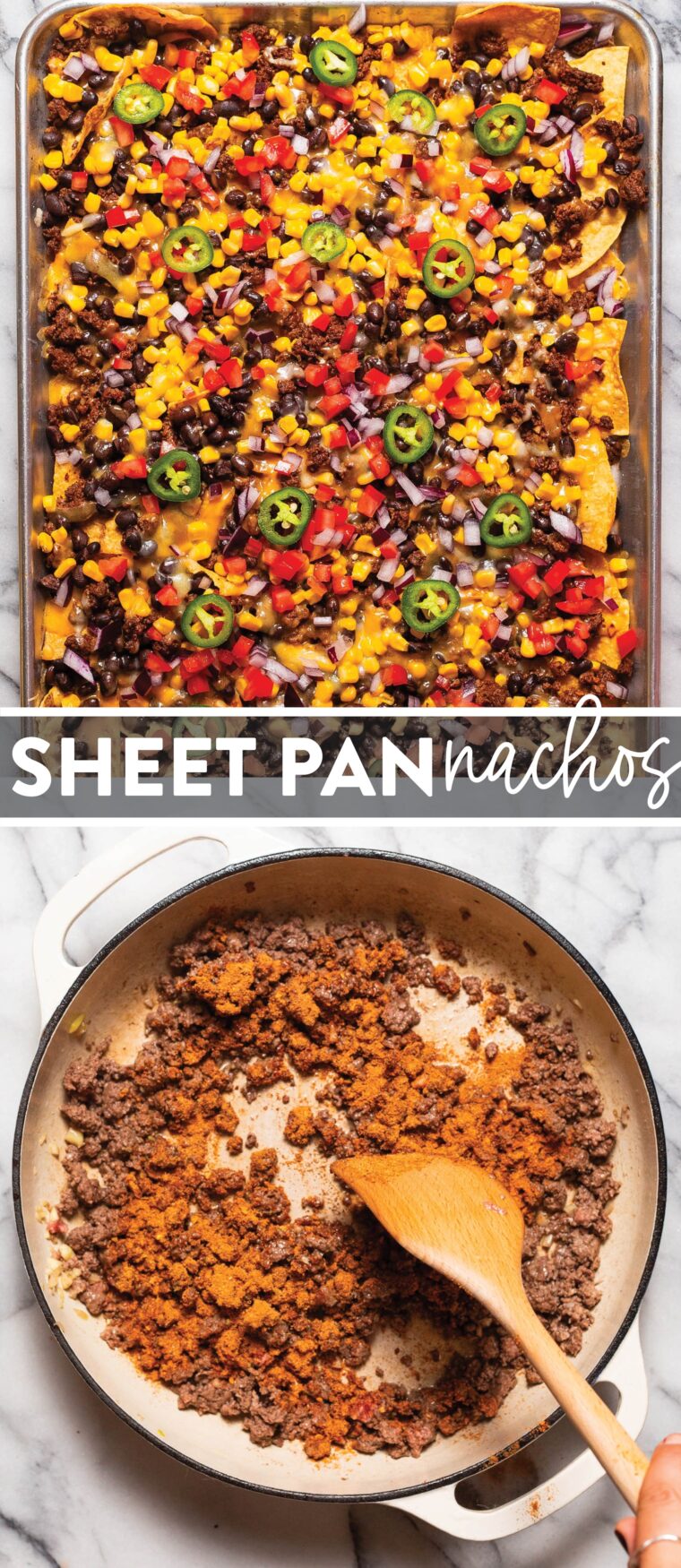 Sheet Pan Nachos - Crowd-pleasing crispy sheet pan nachos (the best game day nachos)! With crumbled ground beef, melted cheese, and all the best toppings.