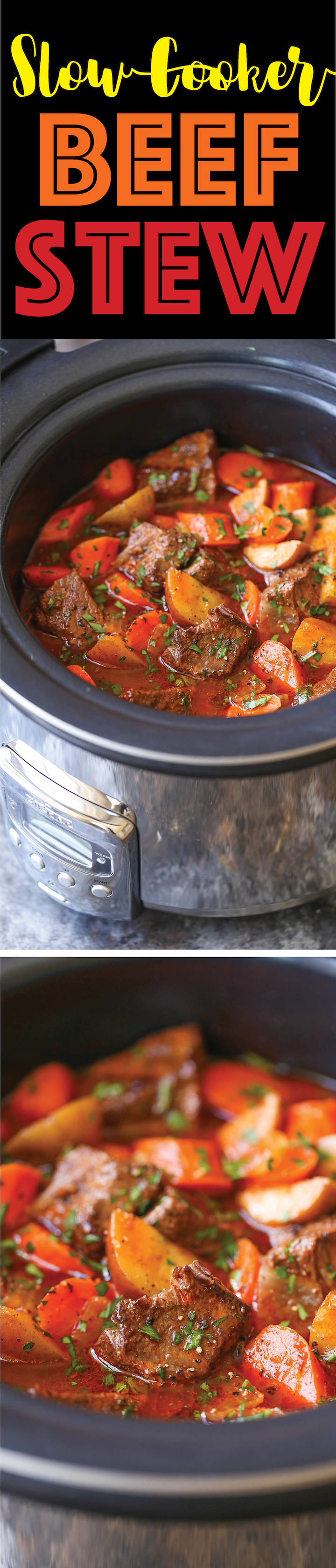 Slow Cooker Beef Stew - Everyone's favorite comforting beef stew made easily in the crockpot! The meat is SO TENDER and the stew is rich, chunky and hearty!