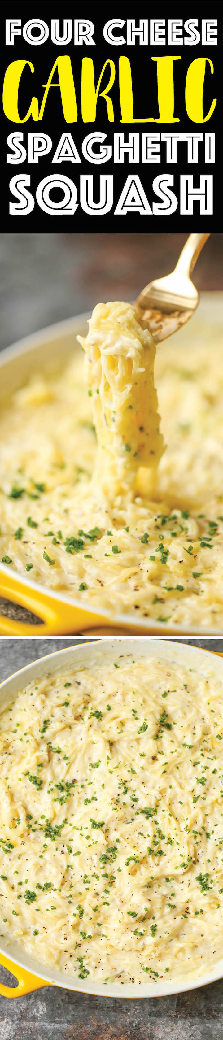 Four Cheese Garlic Spaghetti Squash - A skinny version of everyone's favorite comfort food. It's quick, easy, healthy and nutritious! Win-win all around!
