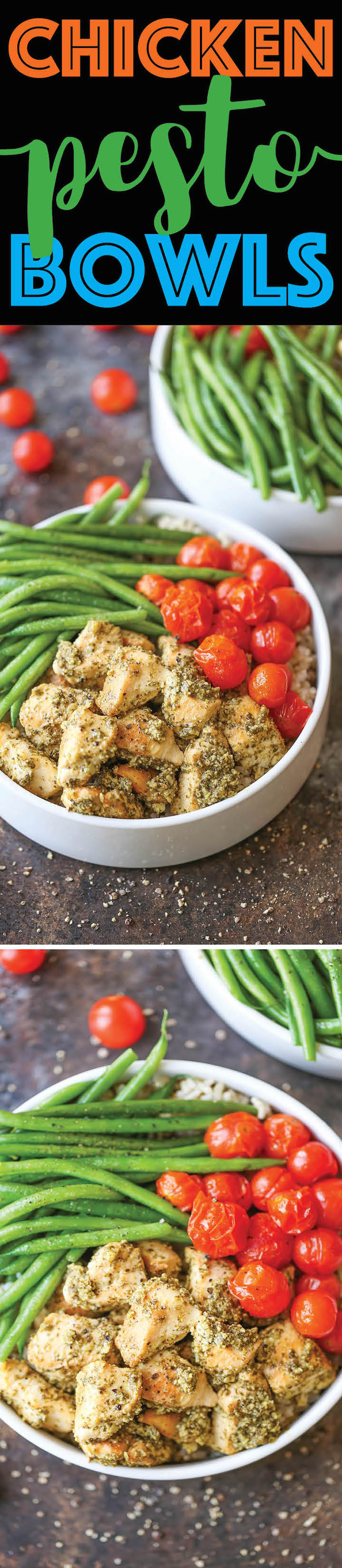 Chicken Pesto Bowls - Healthy pesto chicken bowls served with brown rice, green beans and roasted tomatoes! Easy peasy and can be prepped ahead of time!