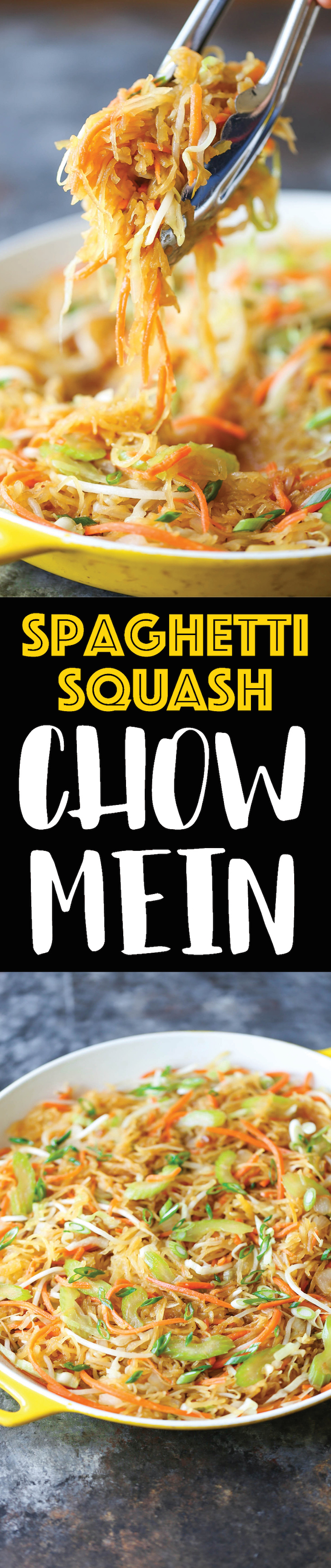 Spaghetti Squash Chow Mein - A healthier low-carb version of everyone's favorite takeout dish. Even your picky eaters will love this! Only 299 cal/serving!