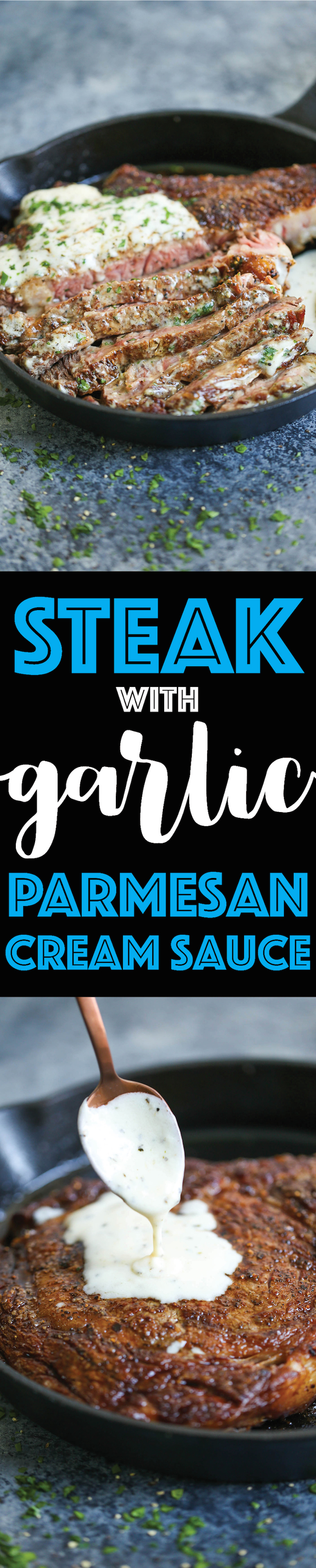 Steak with Garlic Parmesan Cream Sauce - Perfectly tender, juicy steak is served with the most velvety cream sauce that just melts in your mouth! SO GOOD!!!