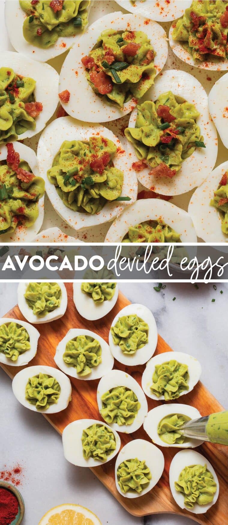 Avocado Deviled Eggs - These avocado deviled eggs are so creamy and fluffy! Made with avocado, bacon, lemon and herbs. An easy, make-ahead crowd-favorite appetizer!