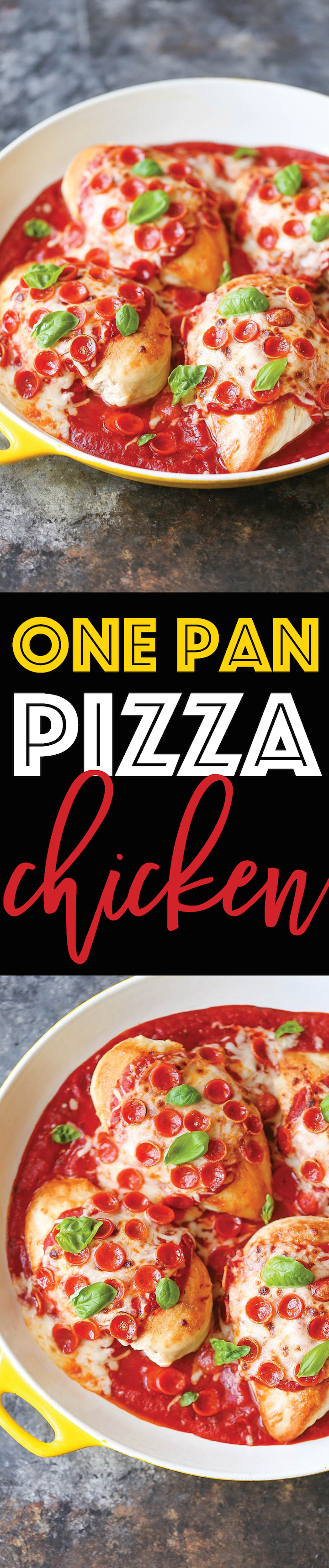 One Pan Pizza Chicken - Win win chicken dinner! A ONE PAN meal. And it's a LOW CARB cheesy goodness meal for the whole family to enjoy on a busy weeknight!