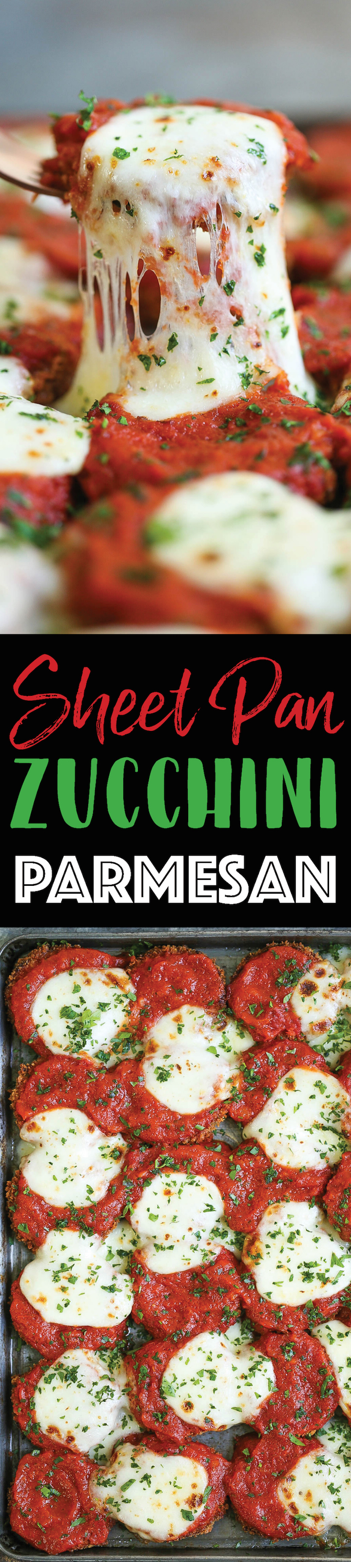 Sheet Pan Zucchini Parmesan - Everyone's favorite chicken parmesan except made HEALTHIER! Use zucchini instead baked to perfection with marinara and cheese!