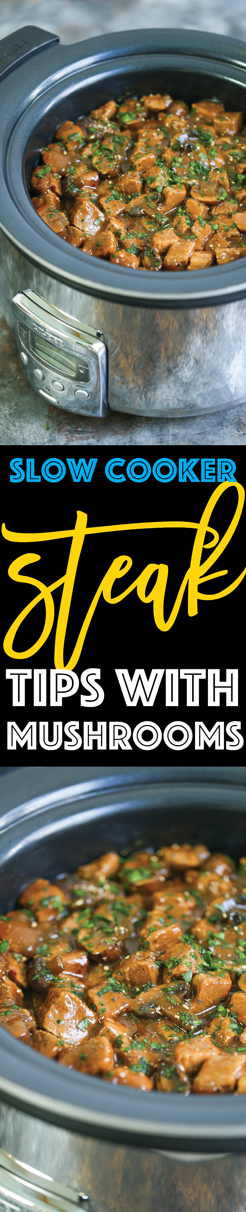 Slow Cooker Steak Tips with Mushrooms - Dump everything into your crockpot and let it cook low and slow for the most tender, gravy soaked steak bites ever!