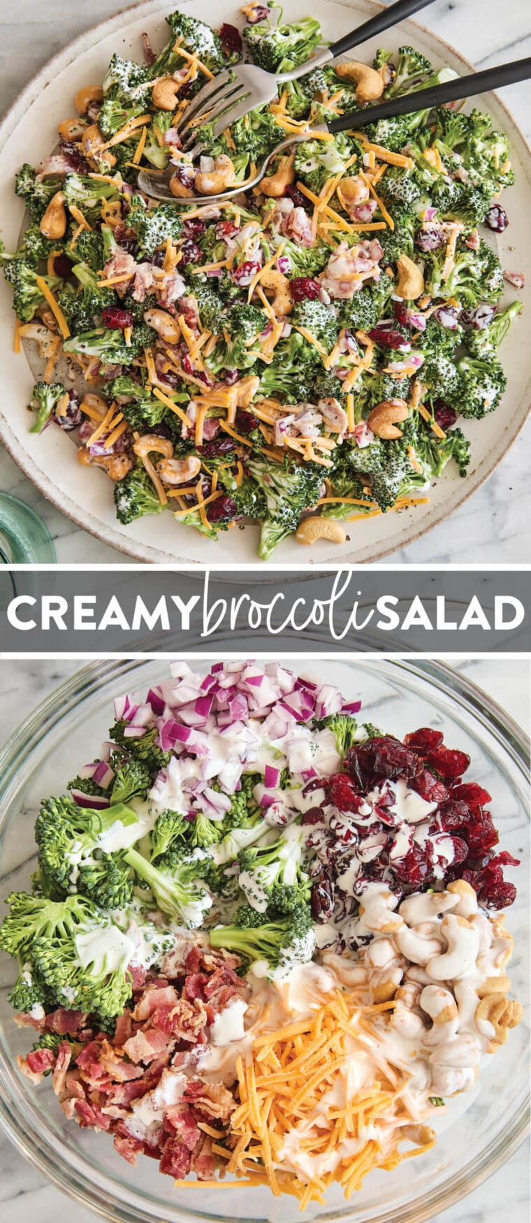 Creamy Broccoli Salad - Seriously the BEST broccoli salad ever! With cheese, cashews, red onion, crispy bacon + the creamiest dressing ever!