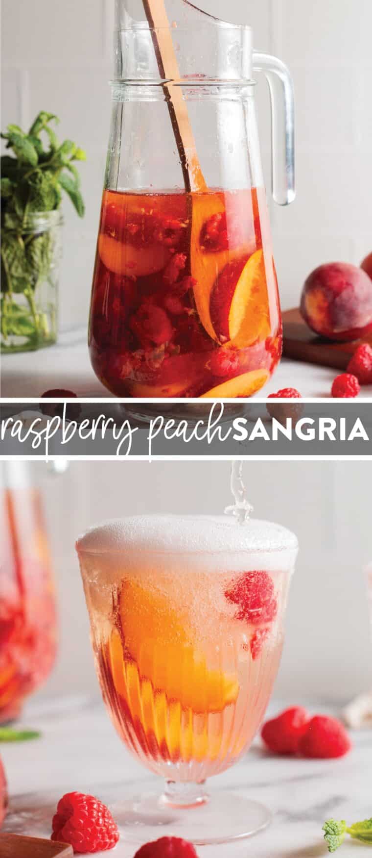 Raspberry Peach Sangria - Crisp, light, refreshing white sangria with raspberries and peaches! Make ahead of time with just 5 ingredients, perfect for entertaining!