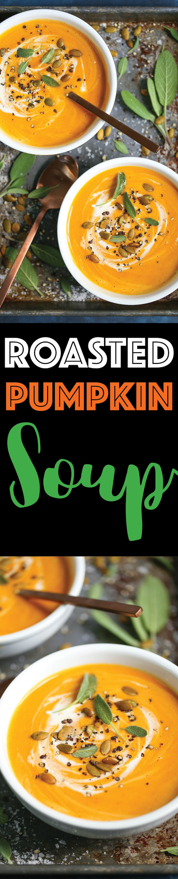 Roasted Pumpkin Soup - The easiest pumpkin soup (ever) made completely from scratch with sugar pumpkins! Thick, creamy, cozy, and so so good.