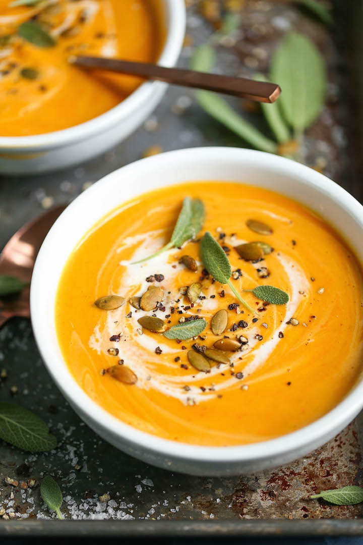 Roasted Pumpkin Soup - The easiest pumpkin soup (ever) made completely from scratch with sugar pumpkins! Thick, creamy, cozy, and so so good.