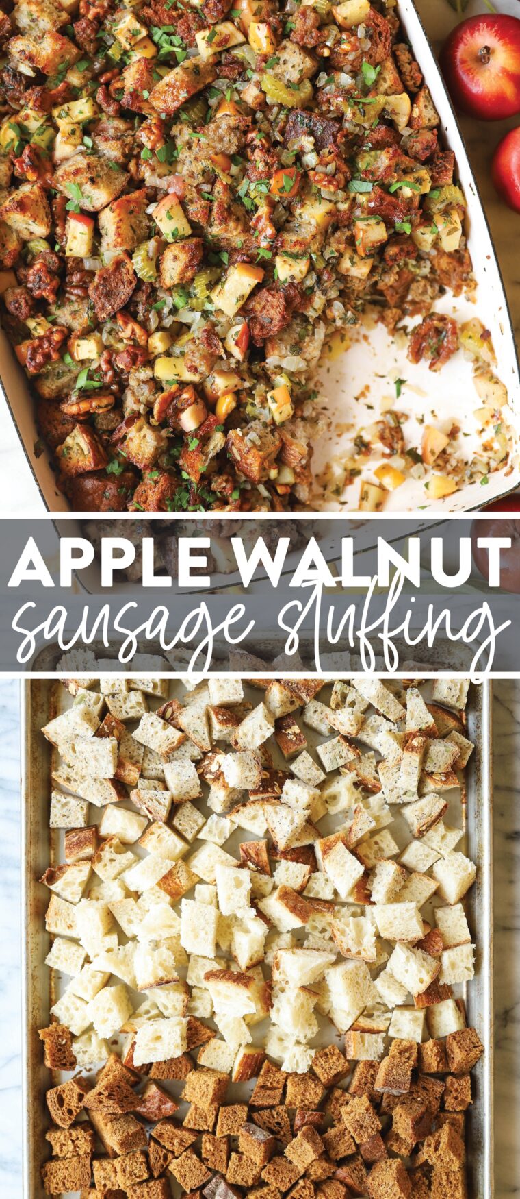 Apple Walnut Sausage Stuffing - This make-ahead apple sausage stuffing is a classic holiday side dish! Made with savory sausage, sweet apples, and fresh thyme and sage!