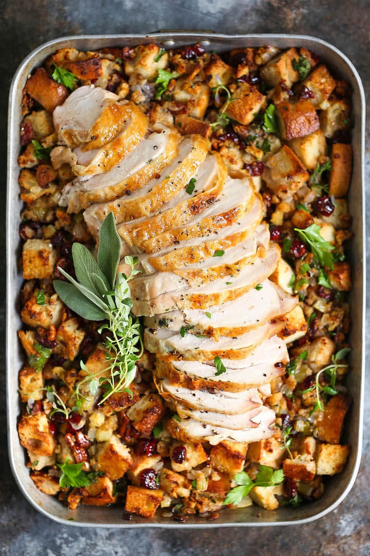 Sheet Pan Herb Roasted Turkey and Cranberry Pecan Stuffing - The easiest Thanksgiving holiday meal! A sheet pan turkey dinner! So easy with less dishes!